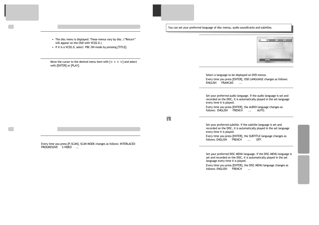 Language setup displaying disc menus, Progressive scan mode | GoVideo DV1030 User Manual | Page 23 / 29