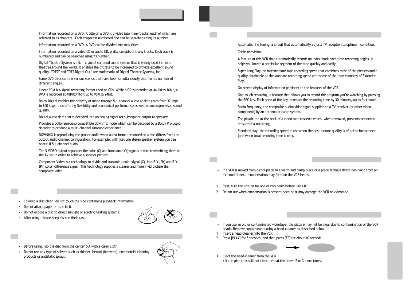 About vcr and videotape, How to use a head cleaner, What is dew condensation symptom | Vcr terms, Handling discs, Cleaning discs | GoVideo DV1030 User Manual | Page 26 / 29