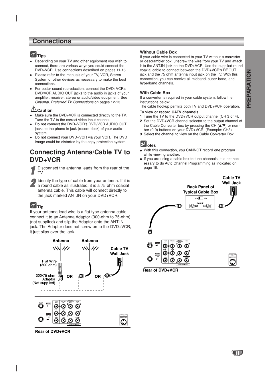 Connections, Connecting antenna/cable tv to dvd+vcr, Prep ara tion | GoVideo DV2140 User Manual | Page 11 / 40