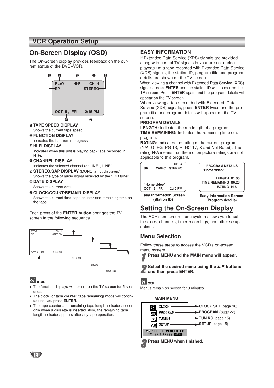 On-screen display (osd), Setting the on-screen display, Vcr operation setup | Menu selection | GoVideo DV2140 User Manual | Page 14 / 40