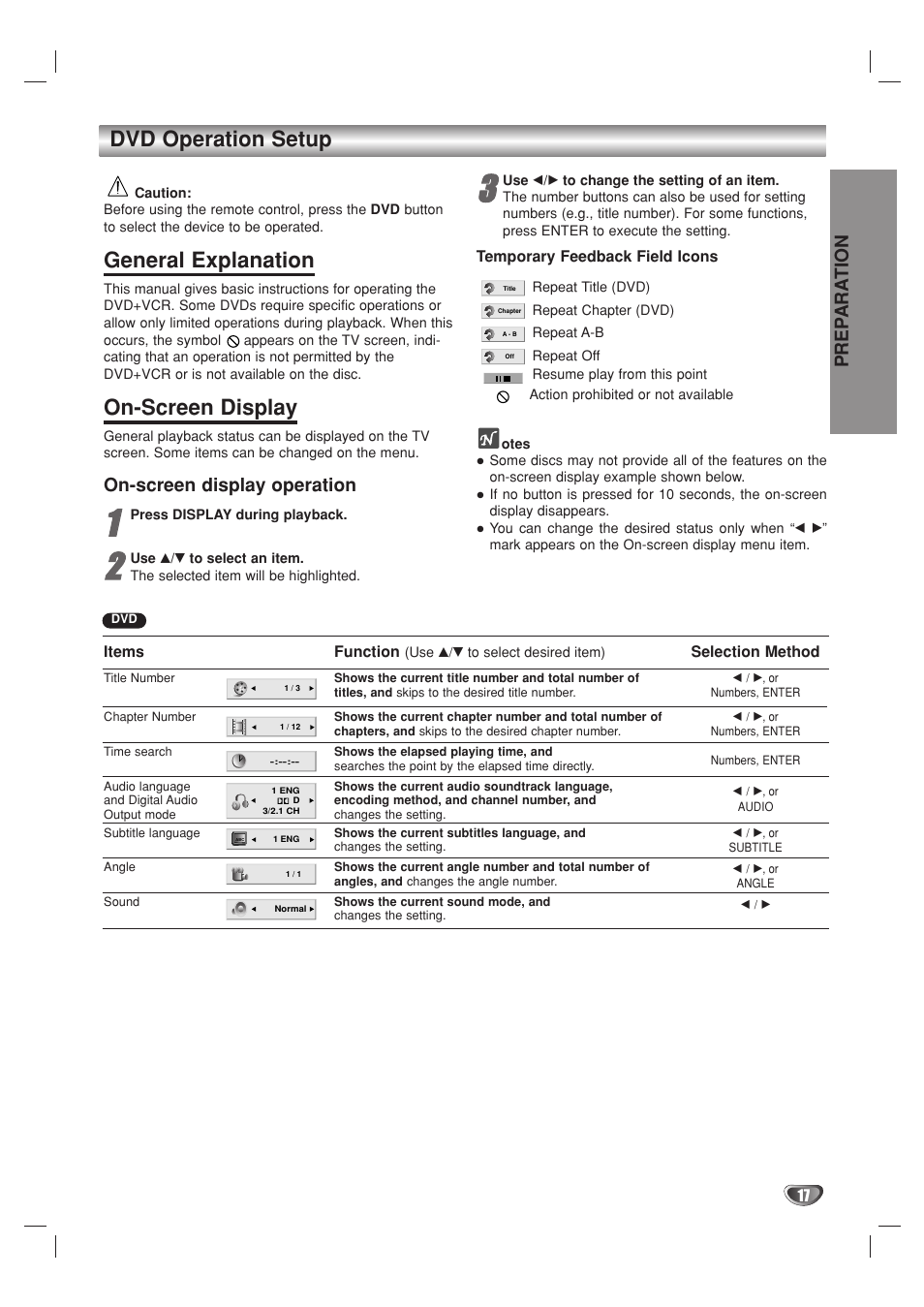 Dvd operation setup, General explanation, On-screen display | Prep ara tion, On-screen display operation | GoVideo DV2140 User Manual | Page 17 / 40