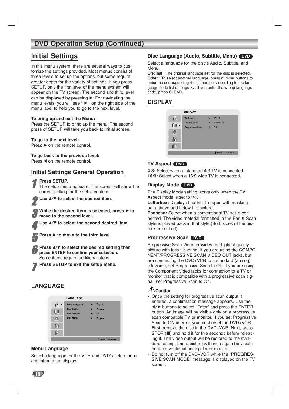 Dvd operation setup (continued) initial settings | GoVideo DV2140 User Manual | Page 18 / 40