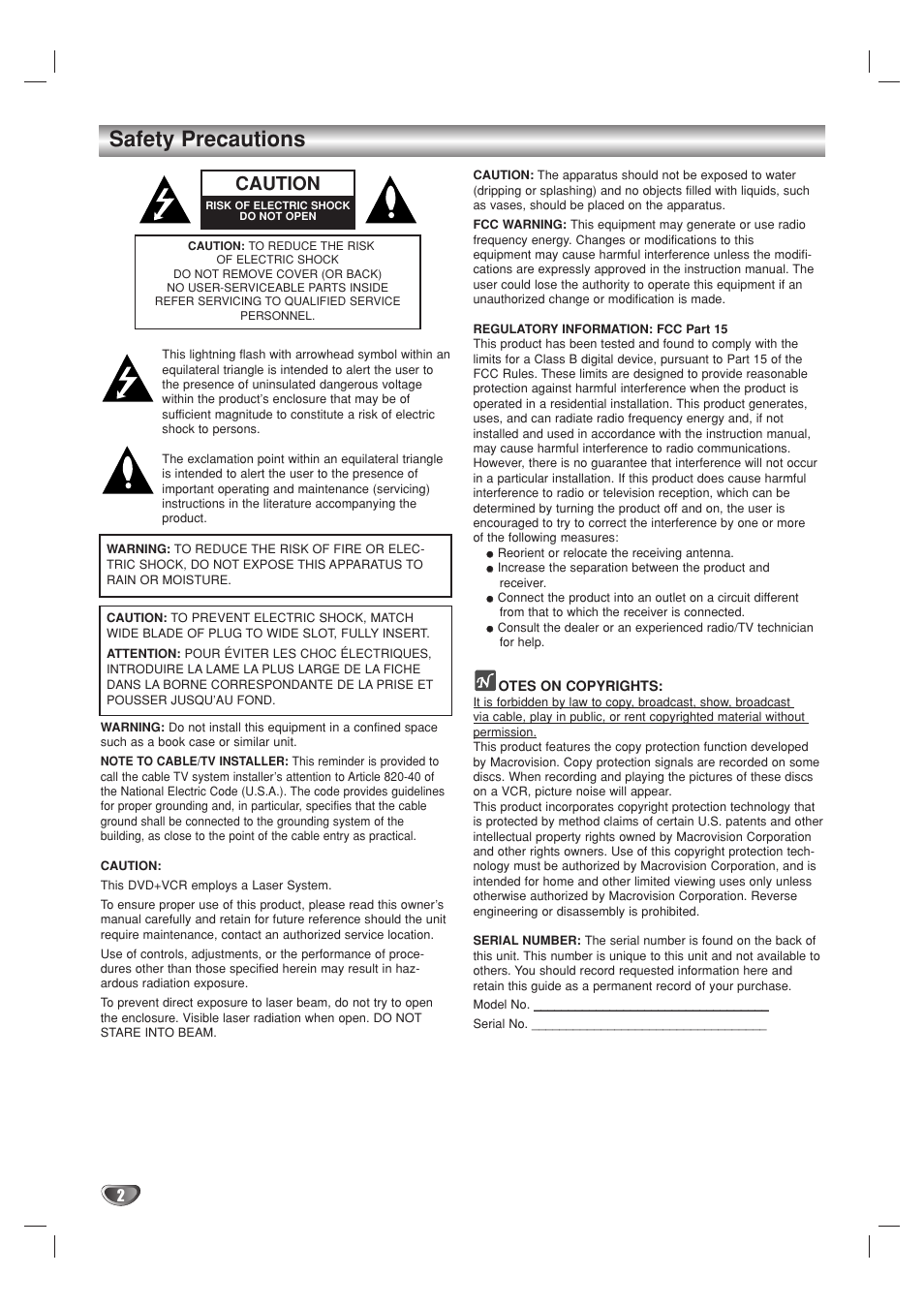 Safety precautions, Caution | GoVideo DV2140 User Manual | Page 2 / 40