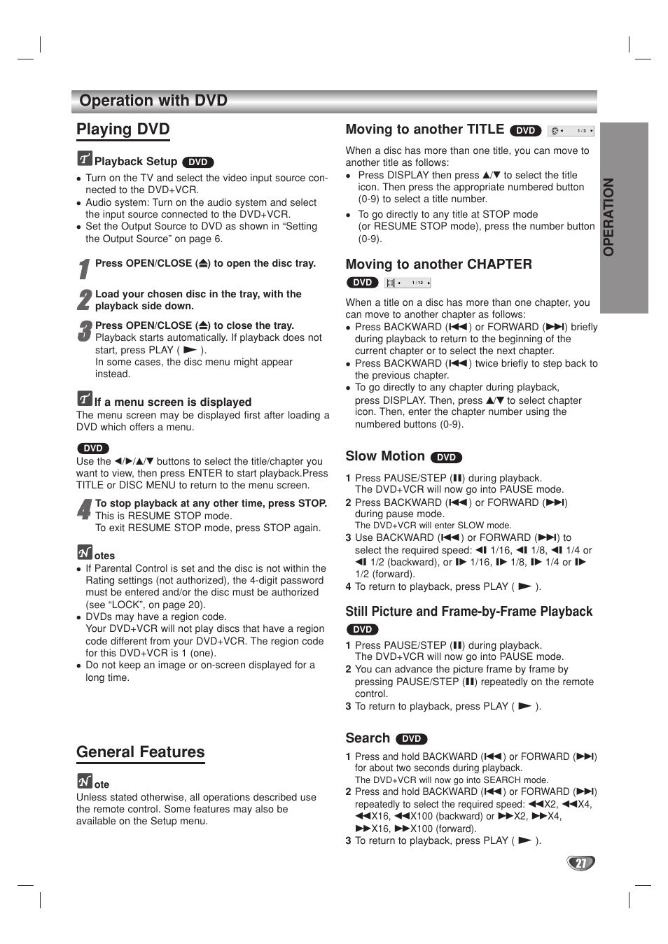 Operation with dvd playing dvd, General features | GoVideo DV2140 User Manual | Page 27 / 40