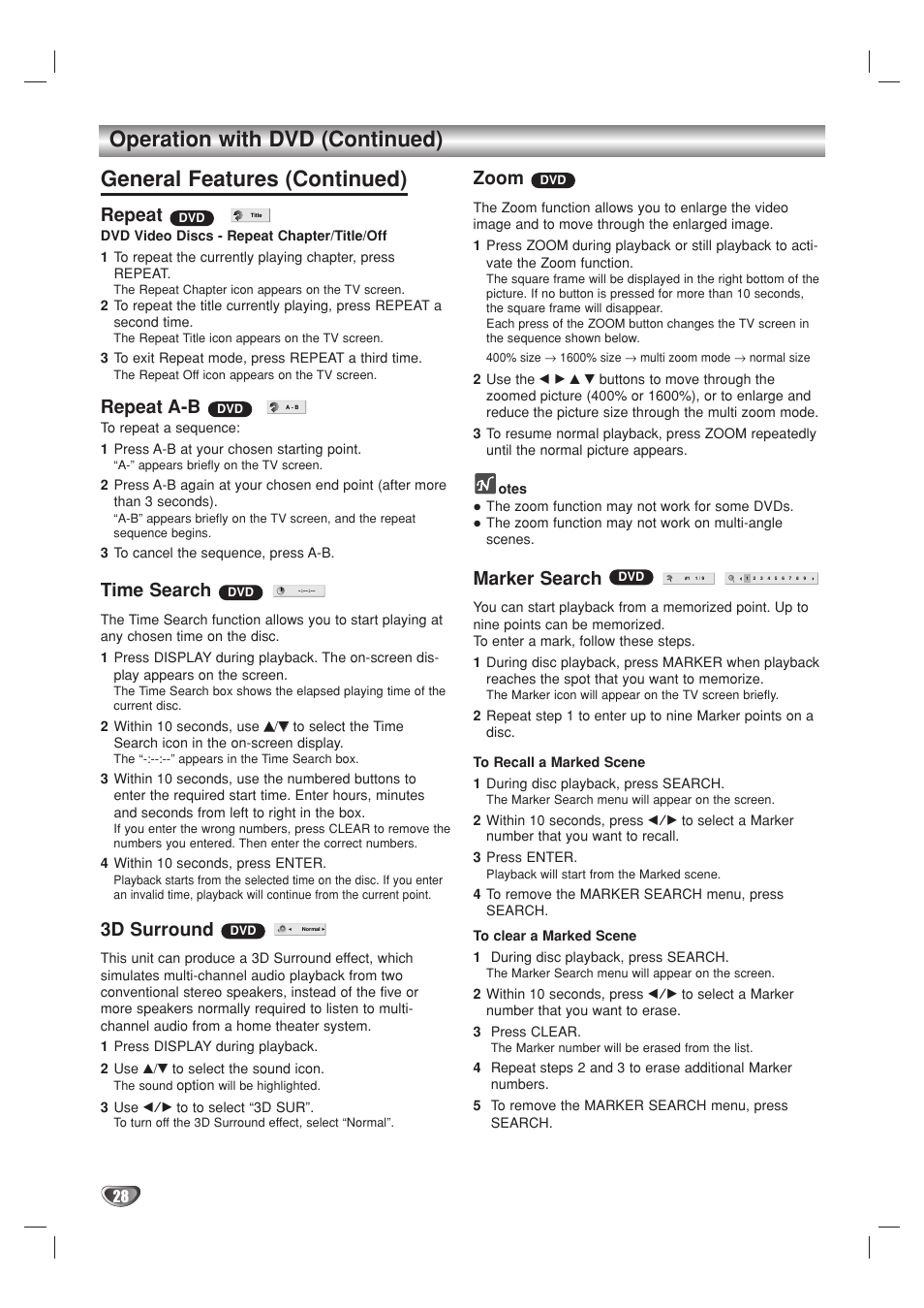 Repeat, Repeat a-b, Time search | 3d surround, Zoom, Marker search | GoVideo DV2140 User Manual | Page 28 / 40
