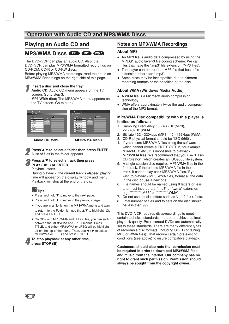 About mp3, About wma (windows media audio) | GoVideo DV2140 User Manual | Page 30 / 40