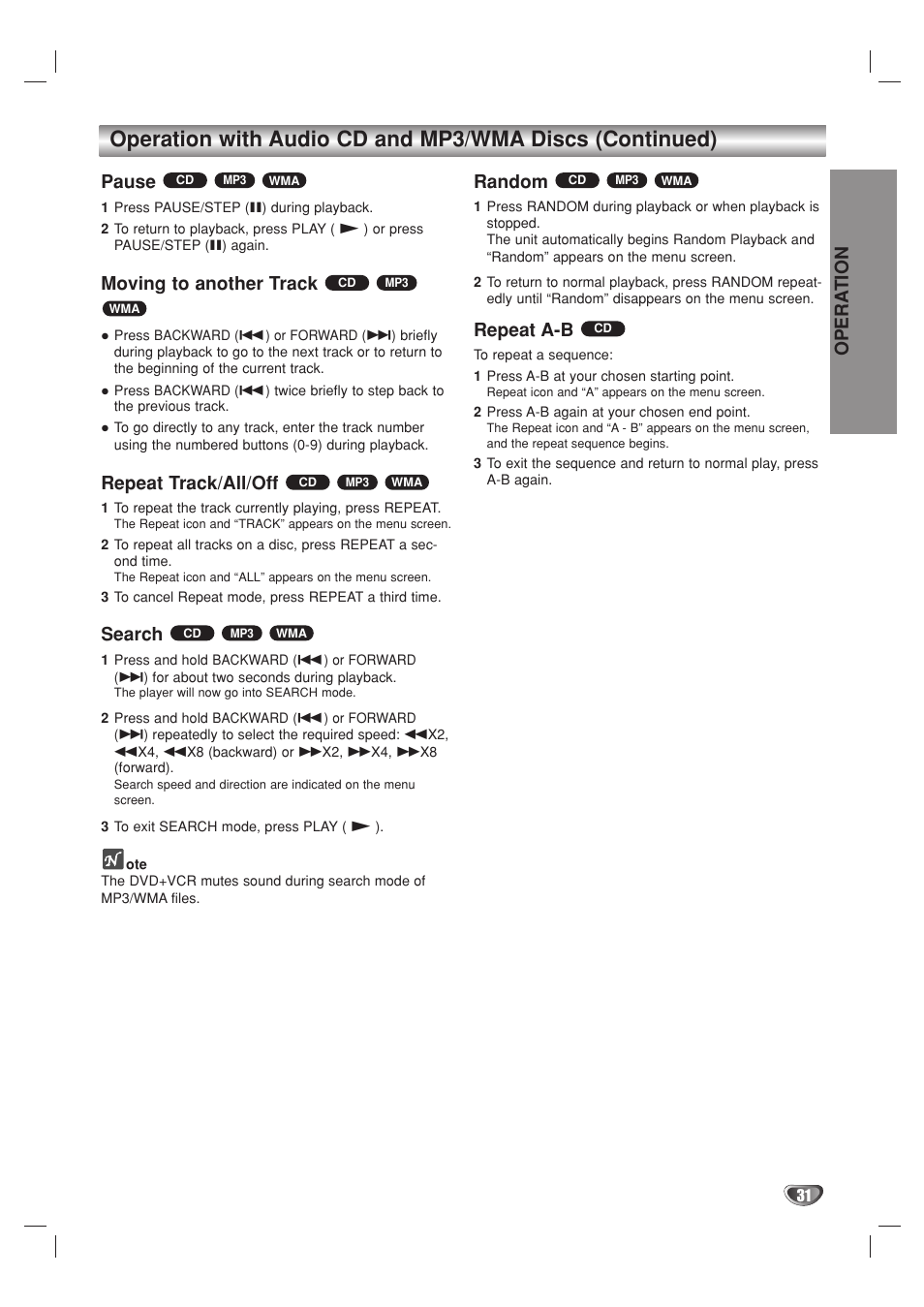 Opera tion, Pause, Moving to another track | Repeat track/all/off, Search, Random, Repeat a-b | GoVideo DV2140 User Manual | Page 31 / 40