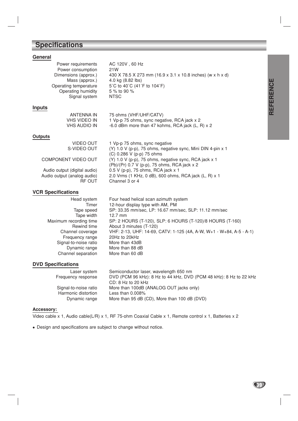 Specifications, Reference | GoVideo DV2140 User Manual | Page 39 / 40