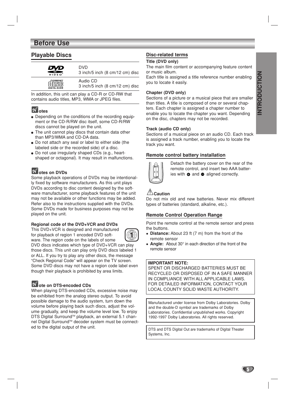 Before use, Introduction, Playable discs | GoVideo DV2140 User Manual | Page 5 / 40