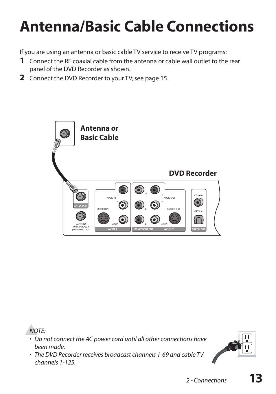 Antenna/basic cable connections, Antenna/basic cable, Connections / 13 | GoVideo R6750 User Manual | Page 13 / 44