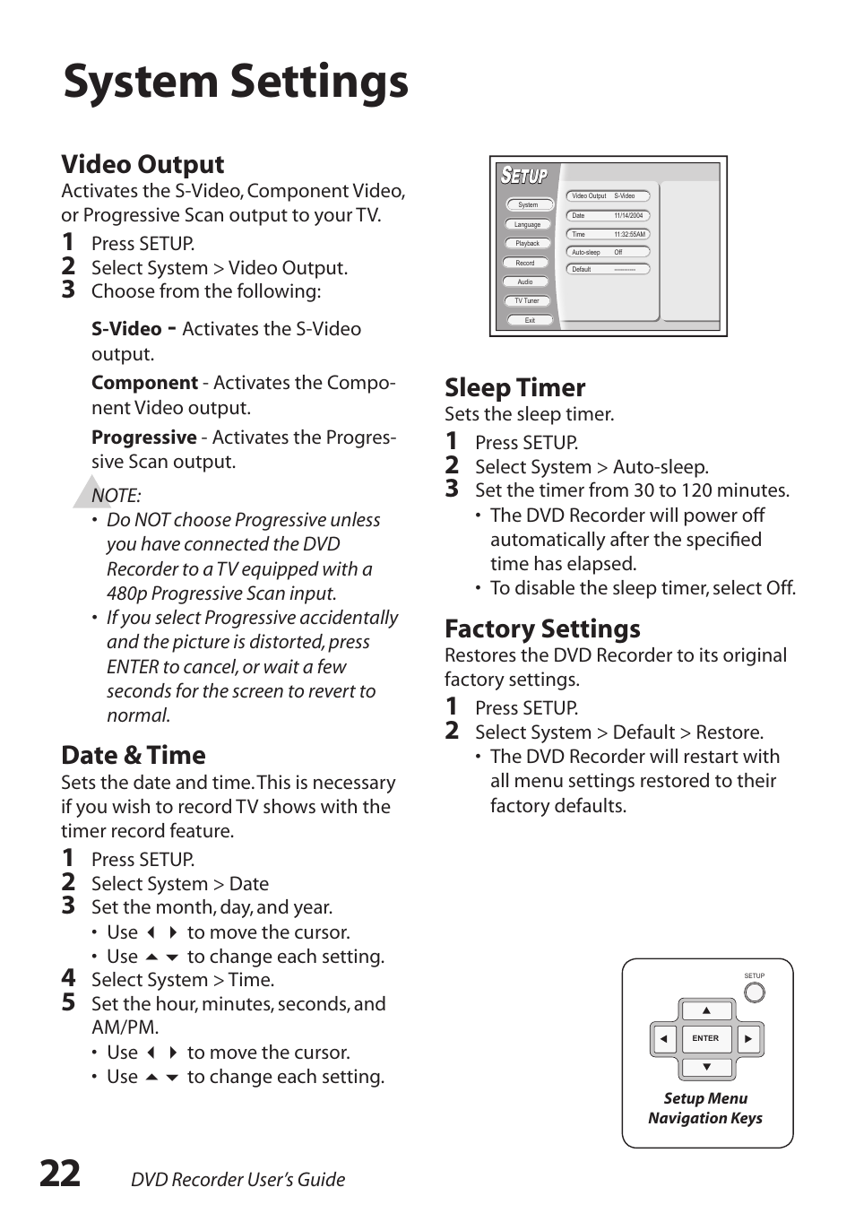 System settings, Video output, Date & time | Sleep timer, Factory settings | GoVideo R6750 User Manual | Page 22 / 44