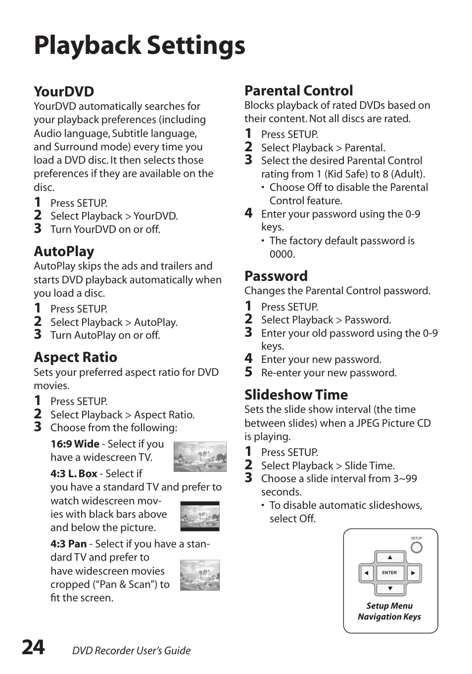 Playback settings, Playback settings / 24, Yourdvd | Autoplay, Aspect ratio, Parental control, Password, Slideshow time | GoVideo R6750 User Manual | Page 24 / 44