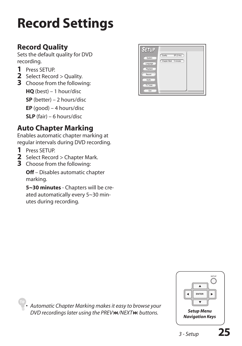 Record settings, Record quality, Auto chapter marking | GoVideo R6750 User Manual | Page 25 / 44