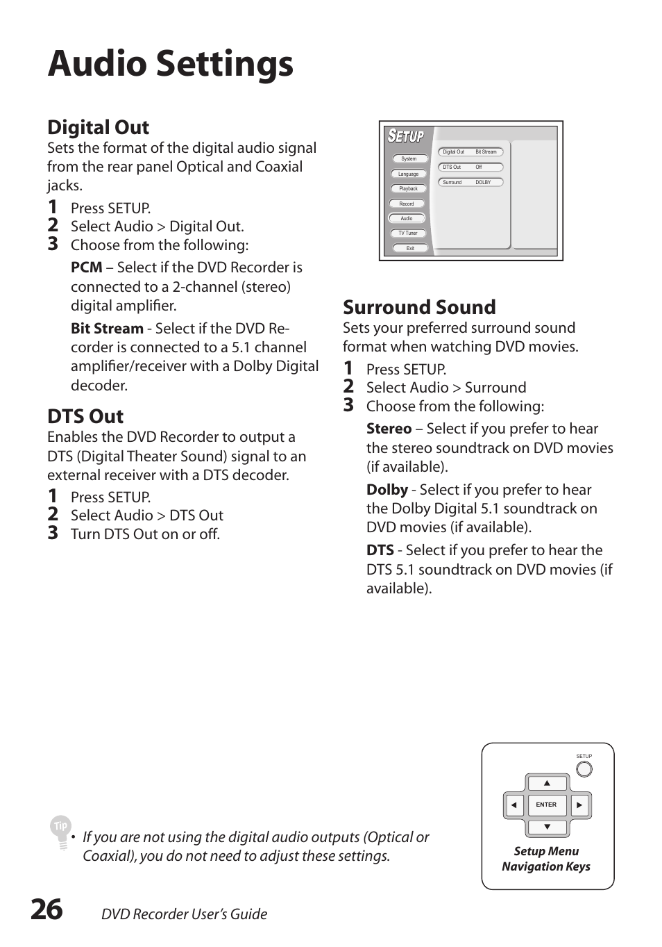 Audio settings, Audio settings / 26, Surround sound | Digital out, Dts out | GoVideo R6750 User Manual | Page 26 / 44