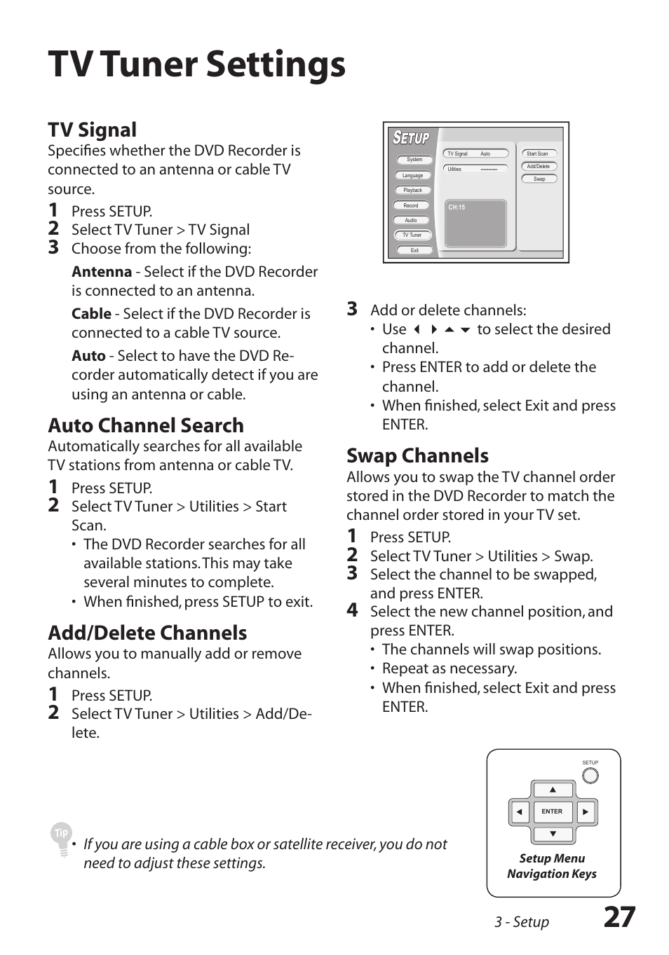 Tv tuner settings, Swap channels, Tv signal | Auto channel search, Add/delete channels | GoVideo R6750 User Manual | Page 27 / 44