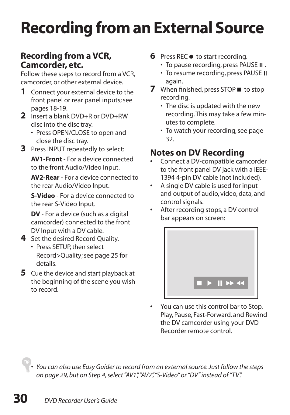 Recording from an external source, Recording from an external, Source / 30 | GoVideo R6750 User Manual | Page 30 / 44