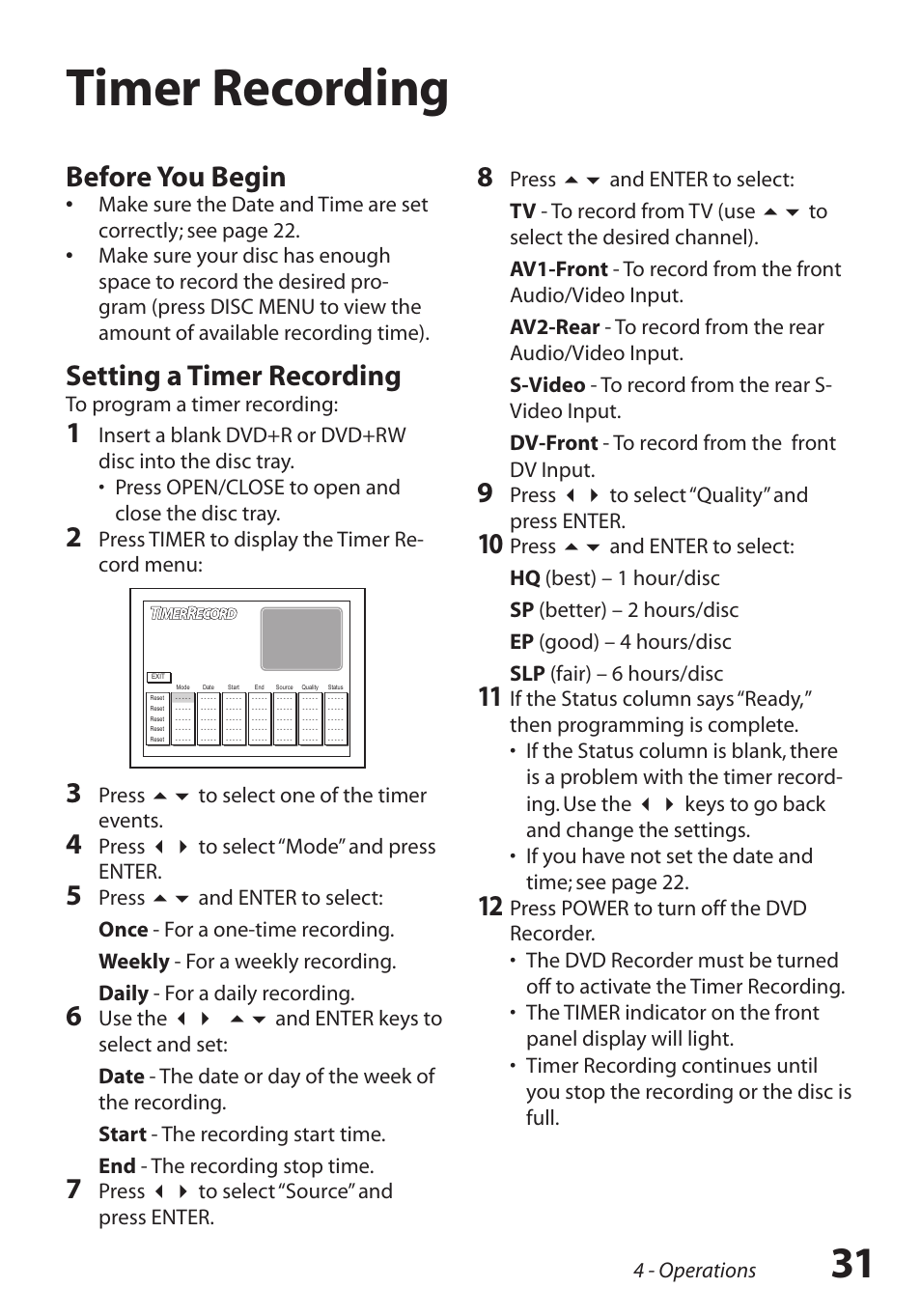 Timer recording, Timer recording / 31, Before you begin | Setting a timer recording | GoVideo R6750 User Manual | Page 31 / 44