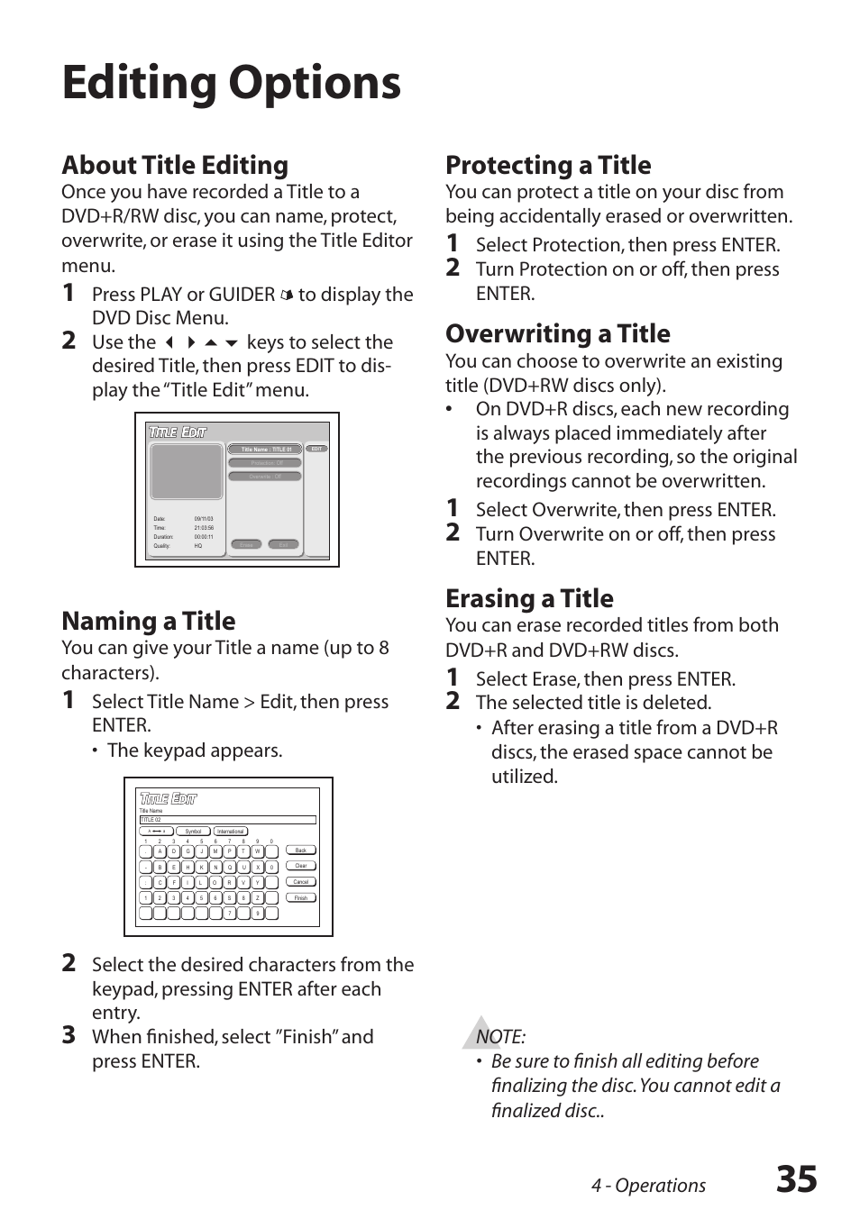 Editing options, Editing options / 35, About title editing | Naming a title, Protecting a title, Overwriting a title, Erasing a title, Press play or guider to display the dvd disc menu, When finished, select ”finish” and press enter, Select protection, then press enter | GoVideo R6750 User Manual | Page 35 / 44