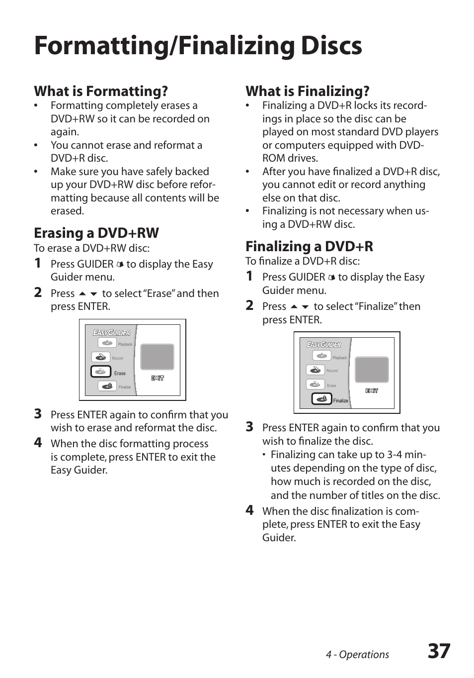 Formatting/finalizing discs, Formatting/finalizing discs / 37, What is formatting | Erasing a dvd+rw, What is finalizing, Finalizing a dvd+r | GoVideo R6750 User Manual | Page 37 / 44