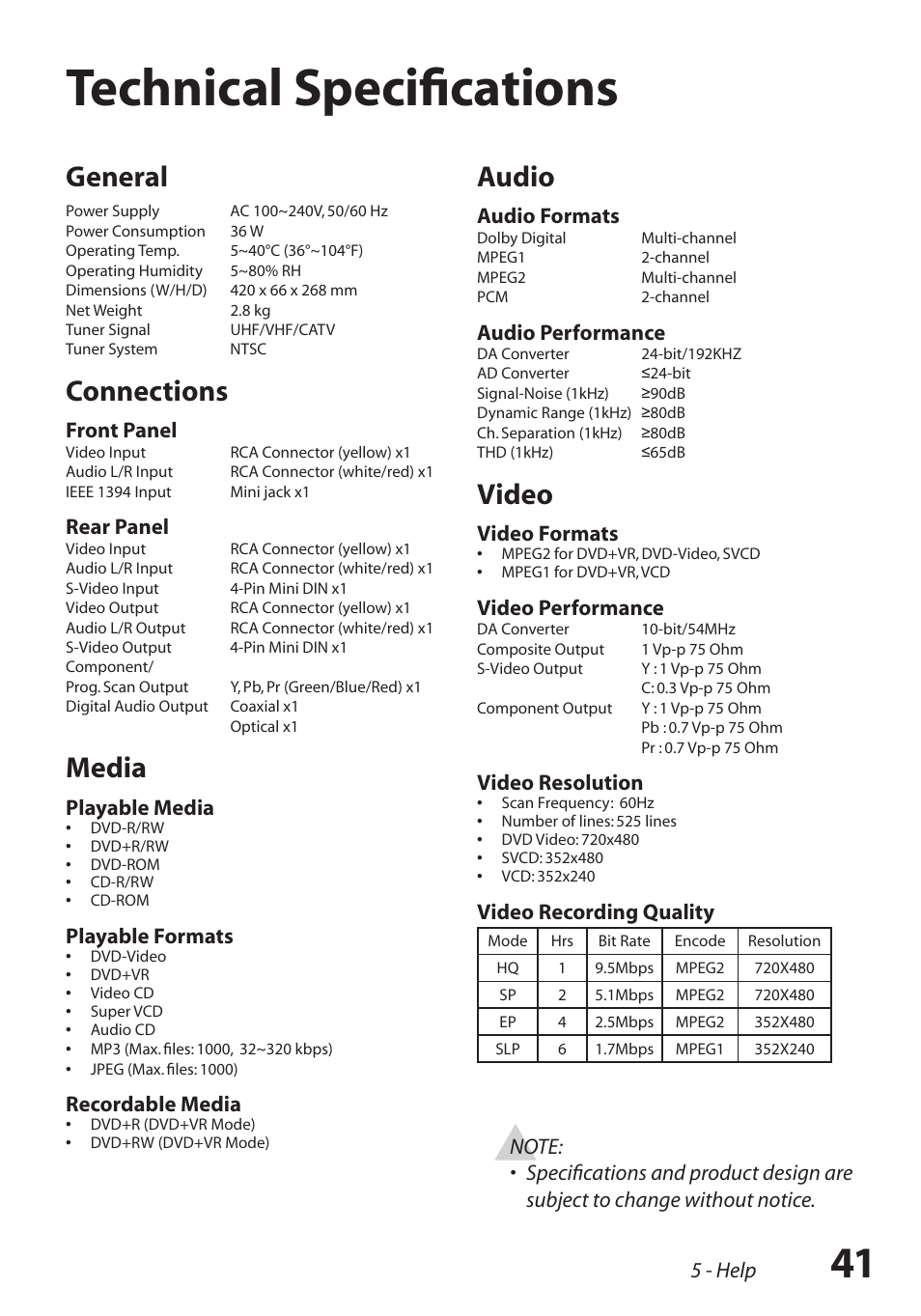 Technical specifications, Technical speciﬁcations / 41, Technical speciﬁcations | General, Connections, Media, Audio, Video | GoVideo R6750 User Manual | Page 41 / 44