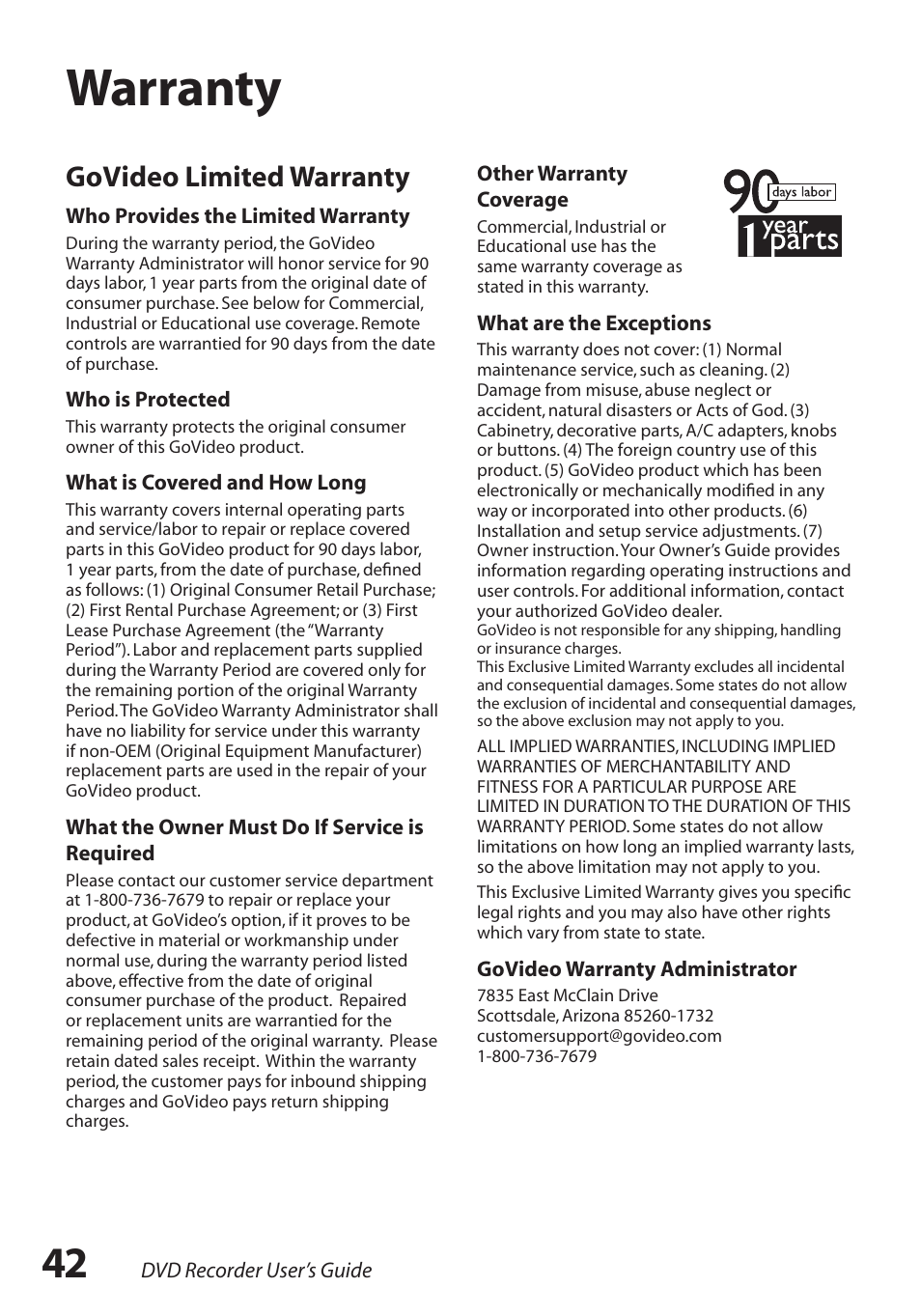 Warranty, Govideo limited warranty | GoVideo R6750 User Manual | Page 42 / 44