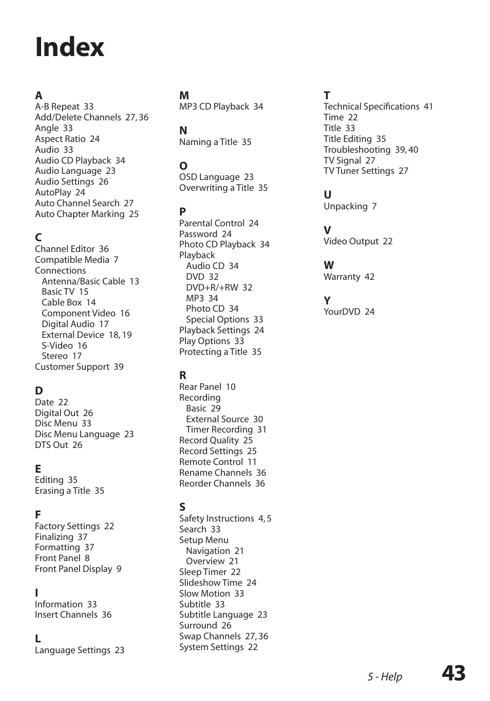 Index, Index / 43 | GoVideo R6750 User Manual | Page 43 / 44