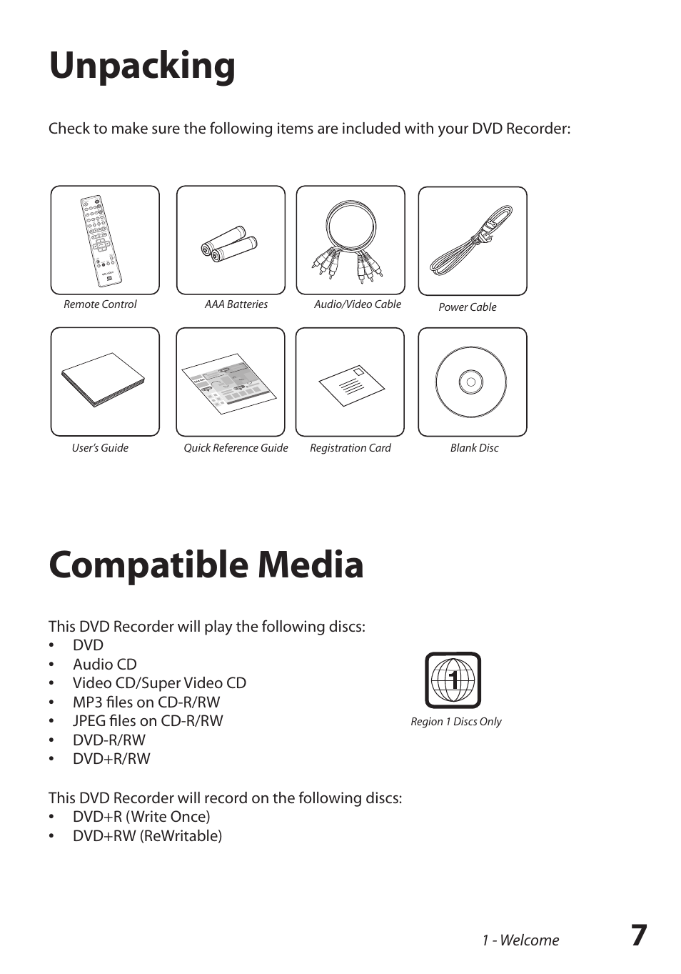 Unpacking, Compatible media, Unpacking / 7 compatible media | Unpacking compatible media, 1 - welcome | GoVideo R6750 User Manual | Page 7 / 44