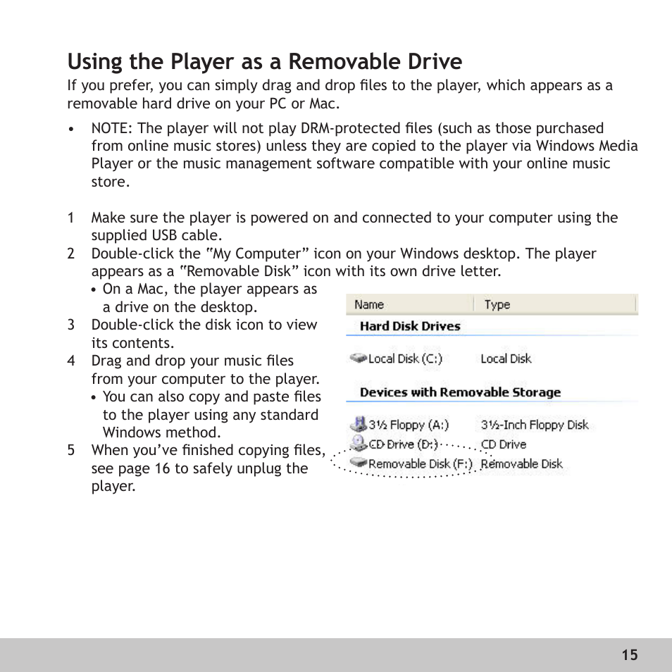 Using the player as a removable drive, Using the player as a, Removable drive | GoVideo RX128 User Manual | Page 15 / 36