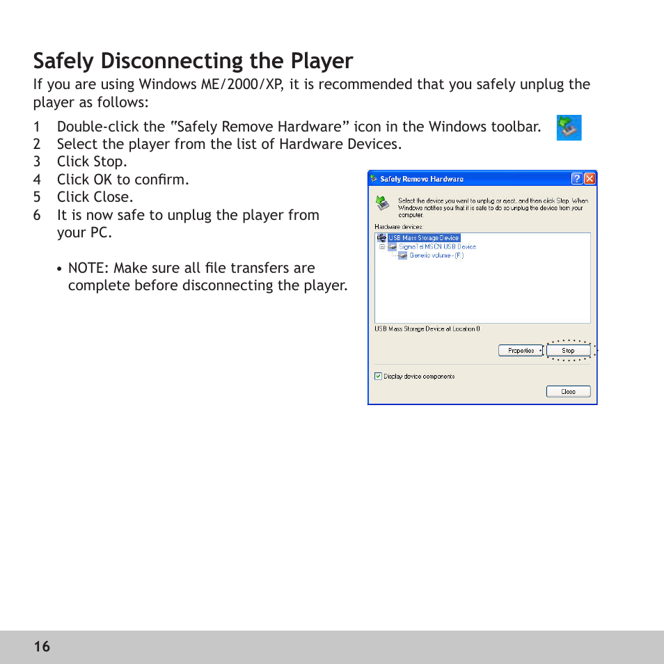Safely disconnecting the player | GoVideo RX128 User Manual | Page 16 / 36
