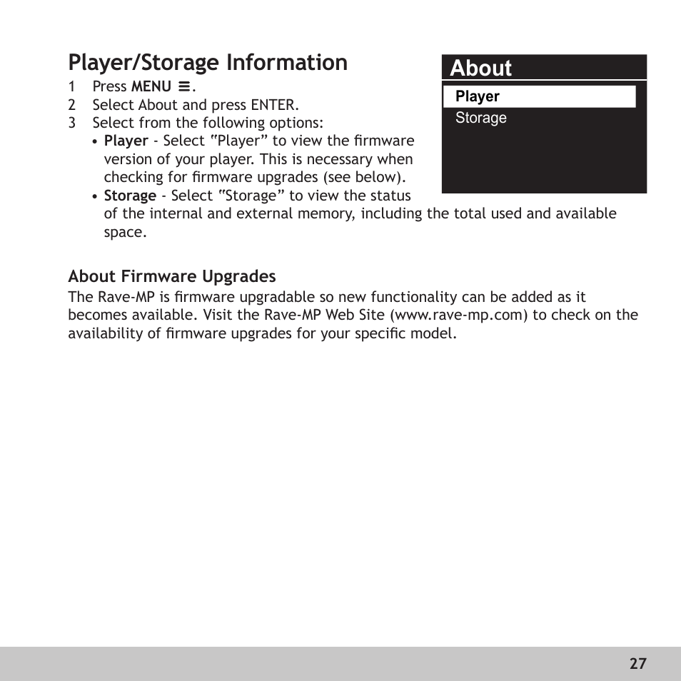 Player/storage information, About firmware upgrades, About | GoVideo RX128 User Manual | Page 27 / 36