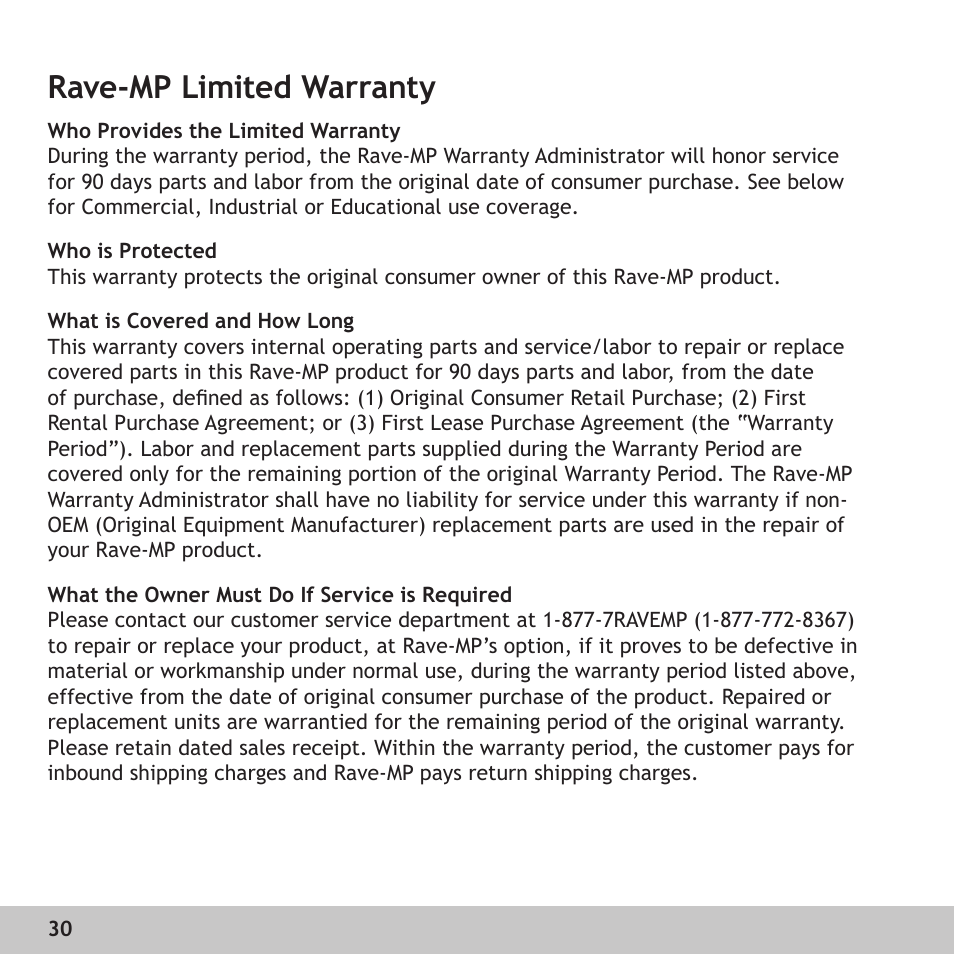 Rave-mp limited warranty | GoVideo RX128 User Manual | Page 30 / 36