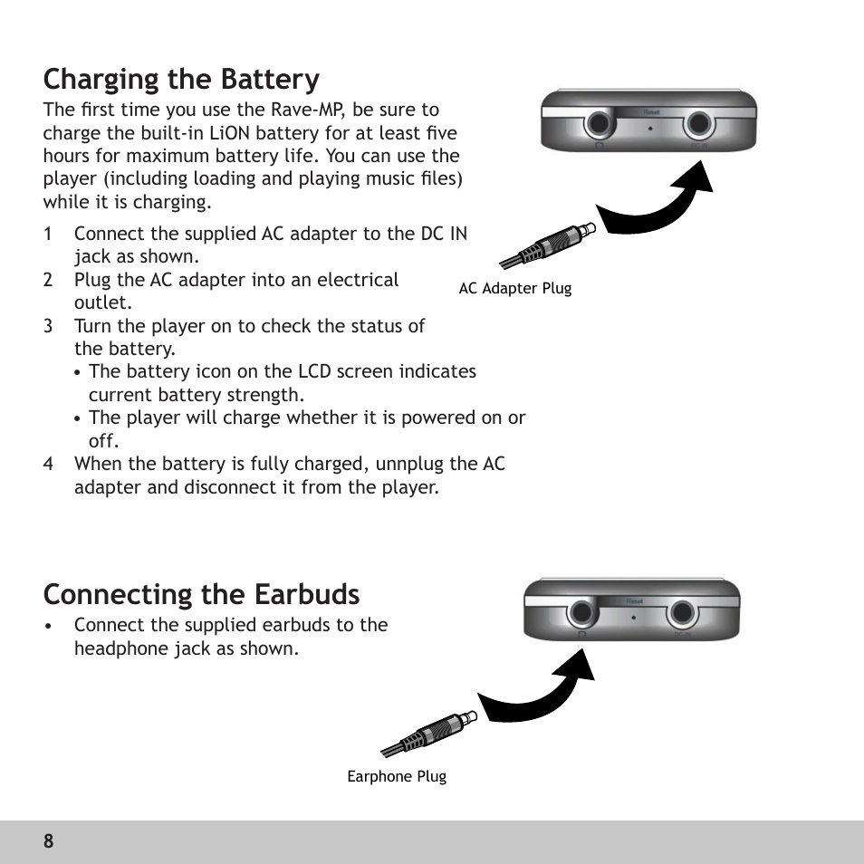 Charging the battery, Connecting the earbuds | GoVideo RX128 User Manual | Page 8 / 36
