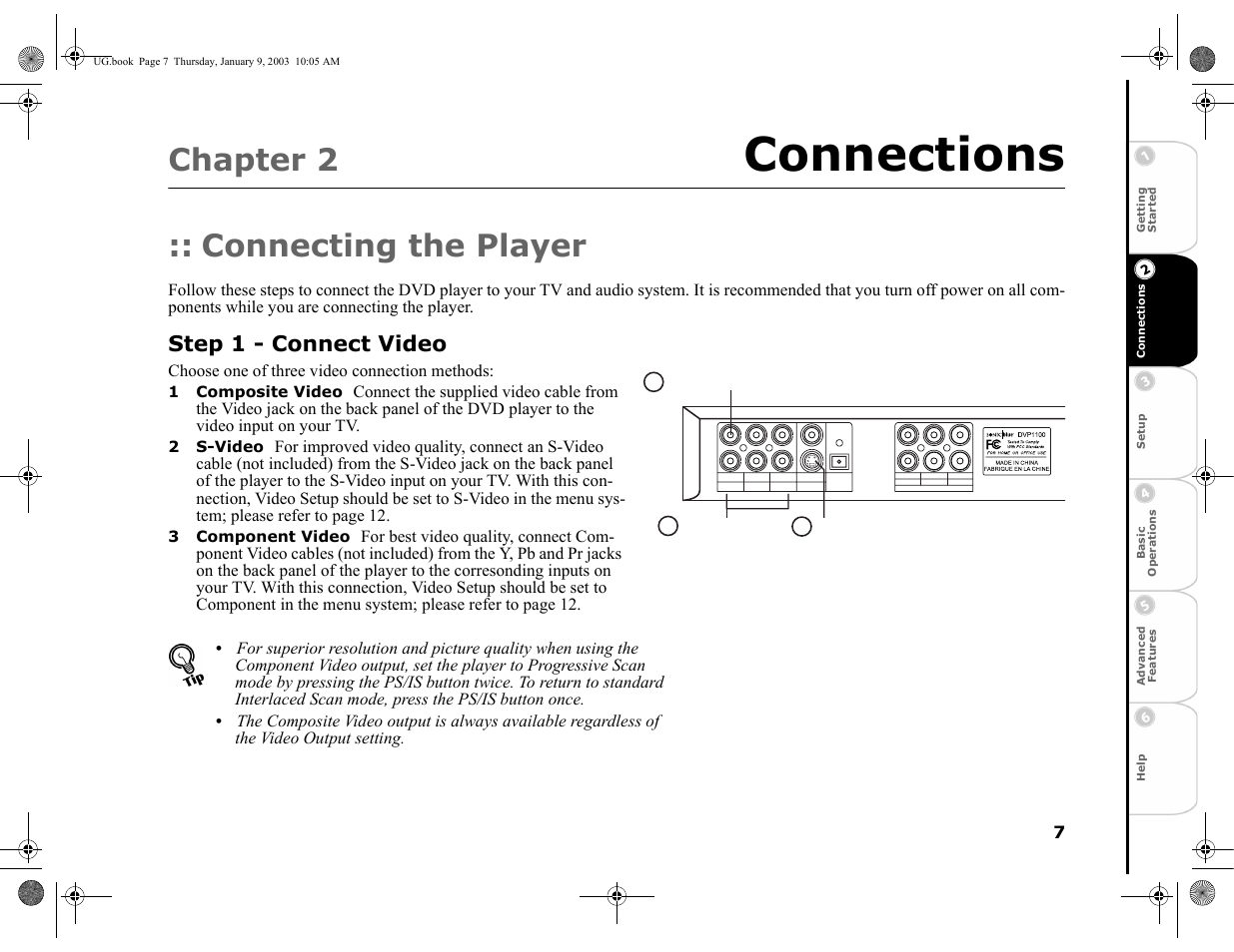 Chapter 2 connections, Connecting the player, Step 1 - connect video | 1 composite video, 2 s-video, 3 component video, 2 - connections, Connections, Chapter 2 | GoVideo DVP1100 User Manual | Page 11 / 44