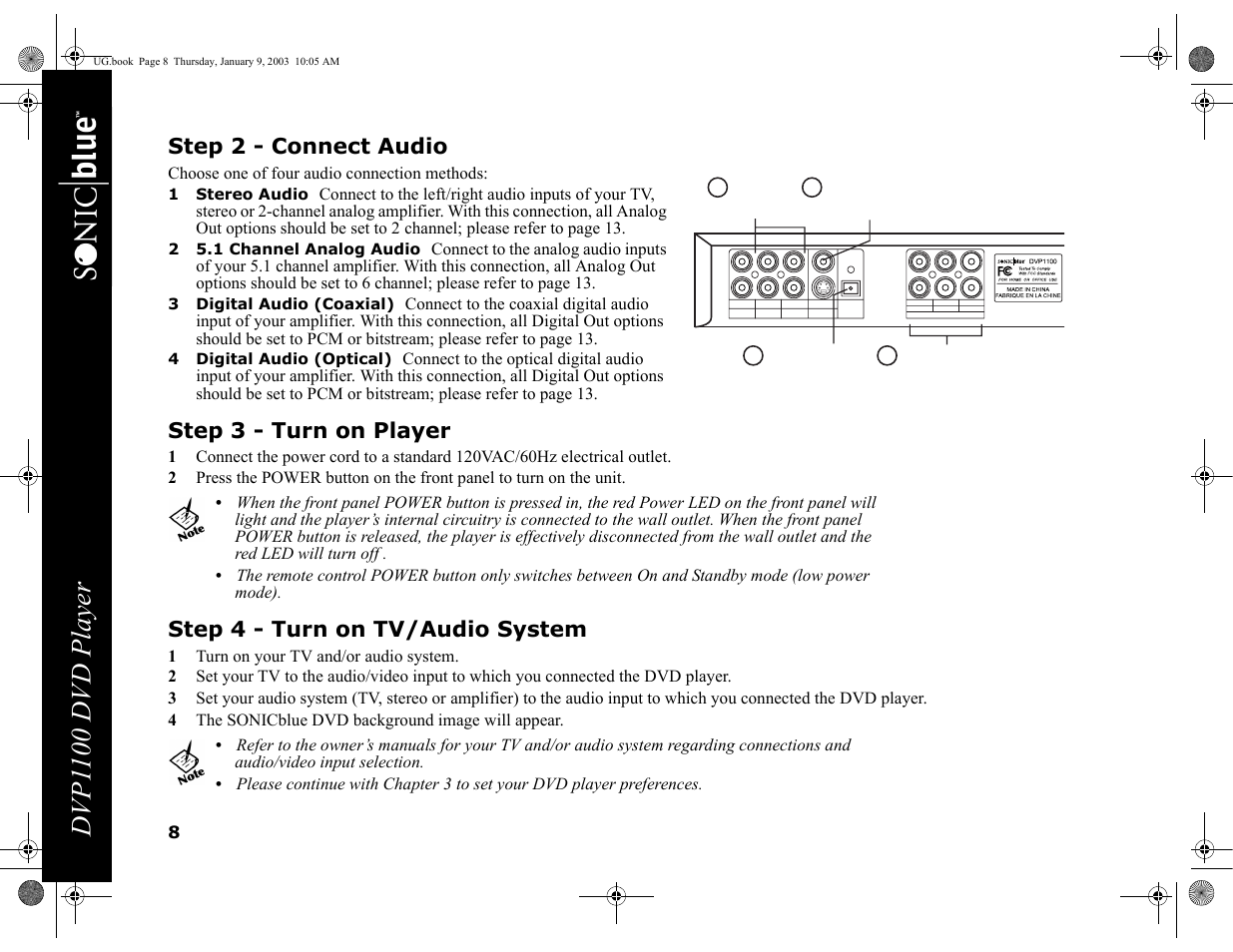 Step 2 - connect audio, 1 stereo audio, 2 5.1 channel analog audio | 3 digital audio (coaxial), 4 digital audio (optical), Step 3 - turn on player, Step 4 - turn on tv/audio system, 1 turn on your tv and/or audio system, 4 the sonicblue dvd background image will appear, Dvp1 100 dvd player | GoVideo DVP1100 User Manual | Page 12 / 44
