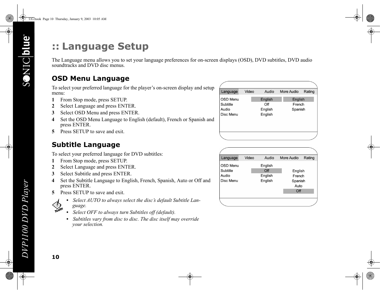 Language setup, Osd menu language, 1 from stop mode, press setup | 2 select language and press enter, 3 select osd menu and press enter, 5 press setup to save and exit, Subtitle language, 3 select subtitle and press enter, Dvp1 100 dvd player | GoVideo DVP1100 User Manual | Page 14 / 44