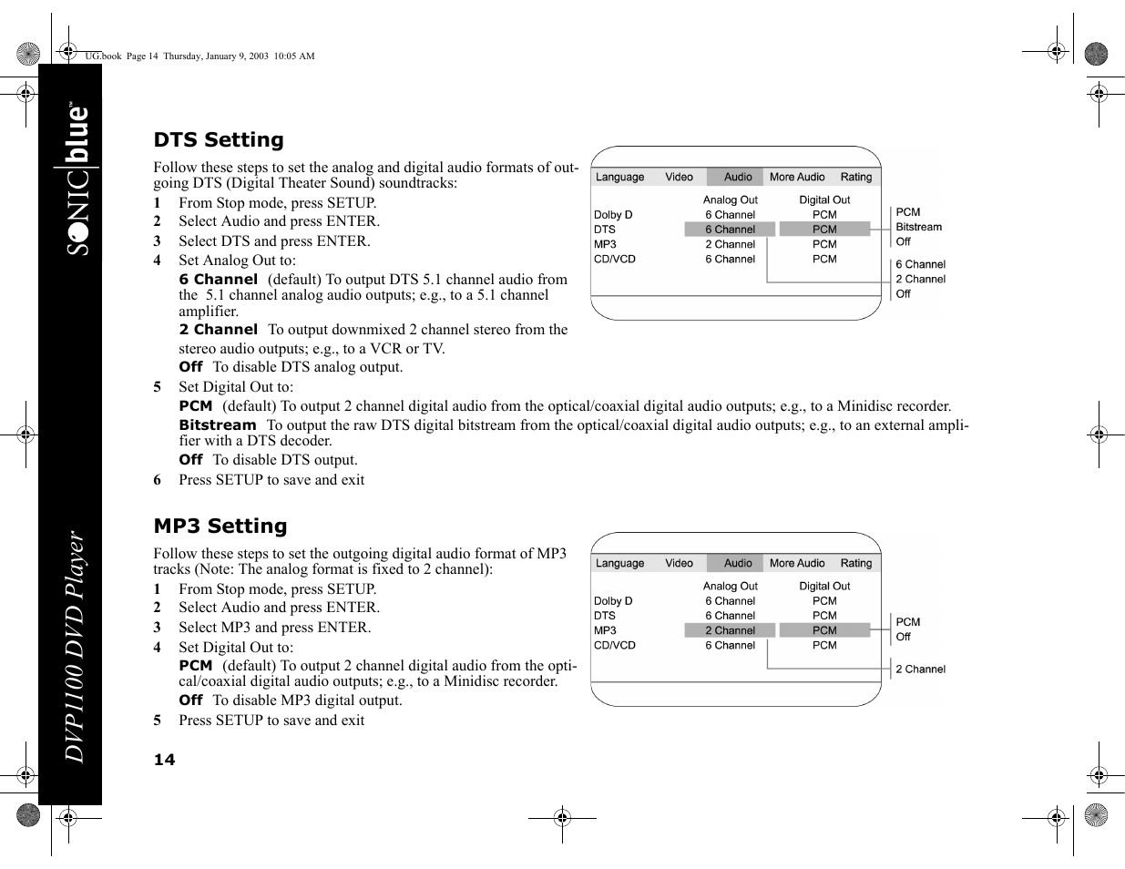 Dts setting, 1 from stop mode, press setup, 2 select audio and press enter | 3 select dts and press enter, 4 set analog out to, 6 channel, 2 channel, 5 set digital out to, Bitstream, 6 press setup to save and exit | GoVideo DVP1100 User Manual | Page 18 / 44