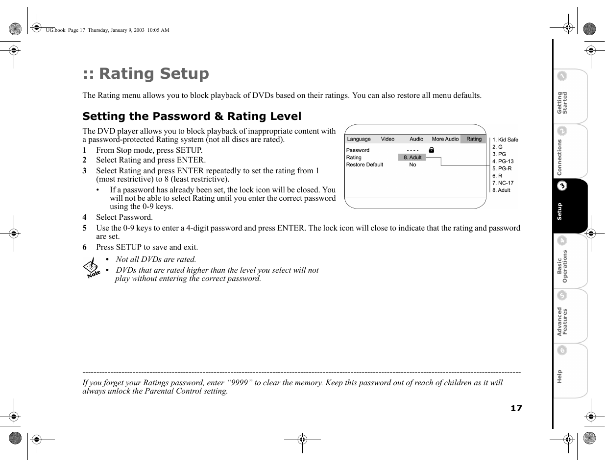 Rating setup, Setting the password & rating level, 1 from stop mode, press setup | 2 select rating and press enter, 4 select password, 6 press setup to save and exit | GoVideo DVP1100 User Manual | Page 21 / 44