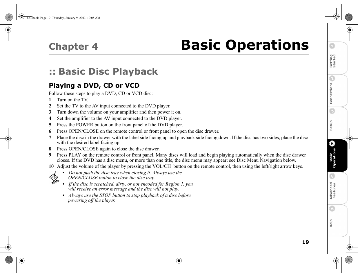 Chapter 4 basic operations, Basic disc playback, Playing a dvd, cd or vcd | 1 turn on the tv, 8 press open/close again to close the disc drawer, 4 - basic operations, Basic operations, Chapter 4 | GoVideo DVP1100 User Manual | Page 23 / 44