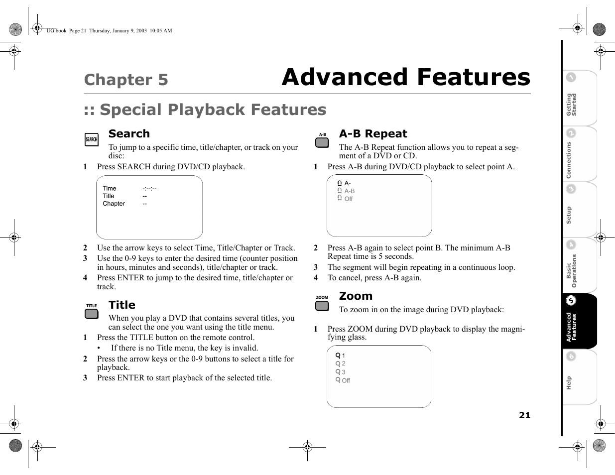 Chapter 5 advanced features, Special playback features, Search | 1 press search during dvd/cd playback, Title, 1 press the title button on the remote control, A-b repeat, 4 to cancel, press a-b again, Zoom, 5 - advanced features | GoVideo DVP1100 User Manual | Page 25 / 44