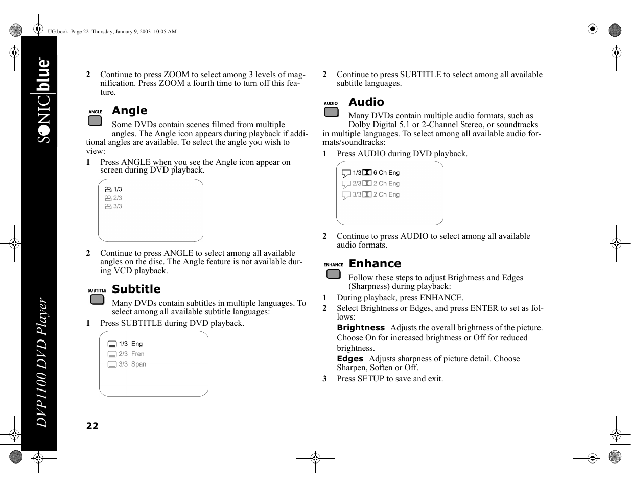 Angle, Subtitle, 1 press subtitle during dvd playback | Audio, 1 press audio during dvd playback, Enhance, 1 during playback, press enhance, Brightness, Edges, 3 press setup to save and exit | GoVideo DVP1100 User Manual | Page 26 / 44