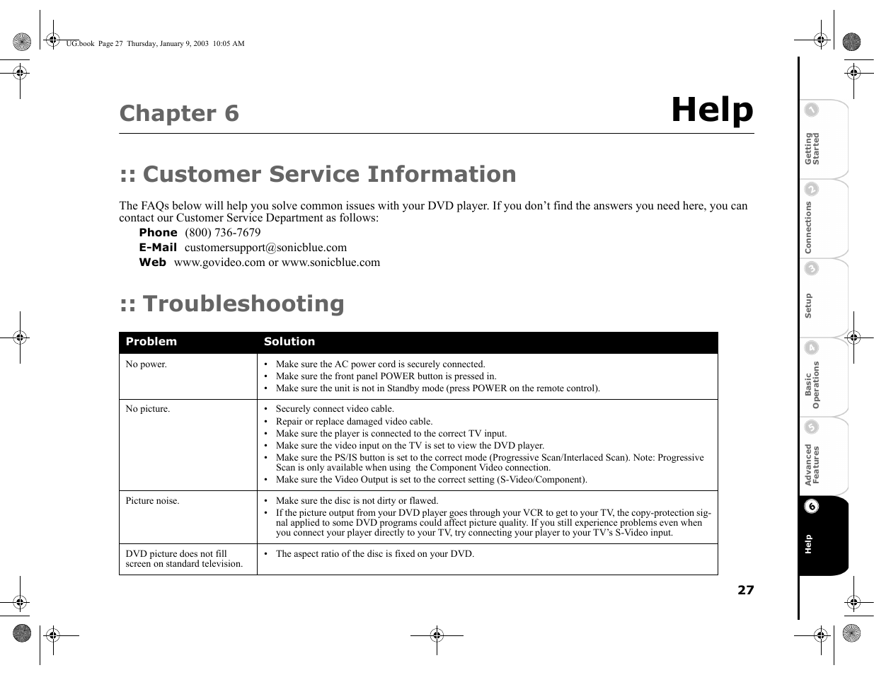 Chapter 6 help, Customer service information, Phone | E-mail, Troubleshooting, 6 - help, Help, Chapter 6 | GoVideo DVP1100 User Manual | Page 31 / 44