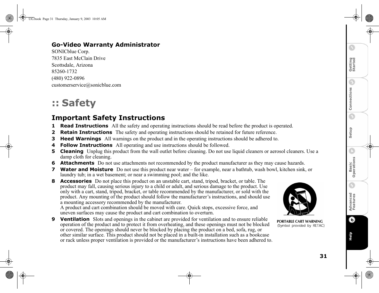 Go-video warranty administrator, Safety, Important safety instructions | 1 read instructions, 2 retain instructions, 3 heed warnings, 4 follow instructions, 5 cleaning, 6 attachments, 7 water and moisture | GoVideo DVP1100 User Manual | Page 35 / 44