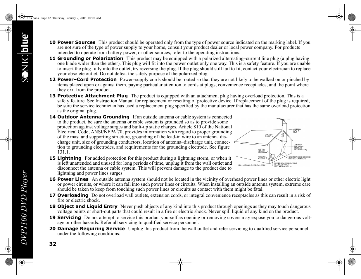 10 power sources, 11 grounding or polarization, 12 power–cord protection | 13 protective attachment plug, 14 outdoor antenna grounding, 15 lightning, 16 power lines, 17 overloading, 18 object and liquid entry, 19 servicing | GoVideo DVP1100 User Manual | Page 36 / 44