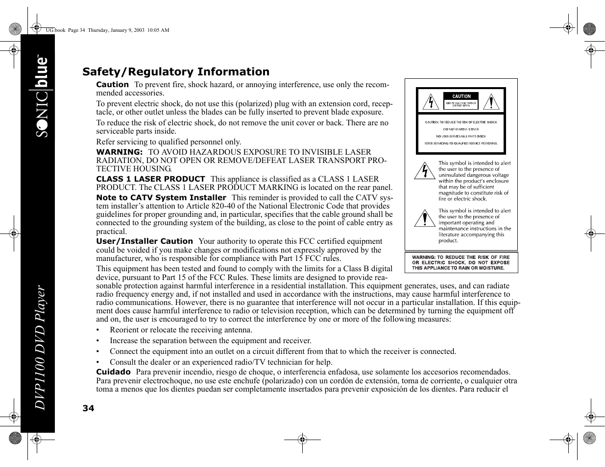 Safety/regulatory information, Caution, Warning | Class 1 laser product, Note to catv system installer, User/installer caution, Cuidado, Dvp1 100 dvd player | GoVideo DVP1100 User Manual | Page 38 / 44