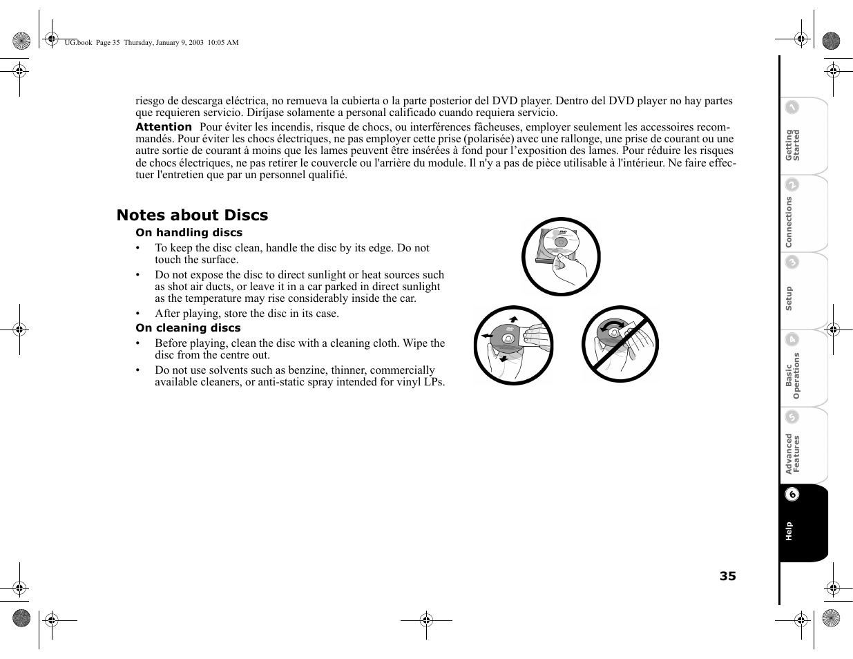 Attention, Notes about discs, On handling discs | On cleaning discs | GoVideo DVP1100 User Manual | Page 39 / 44