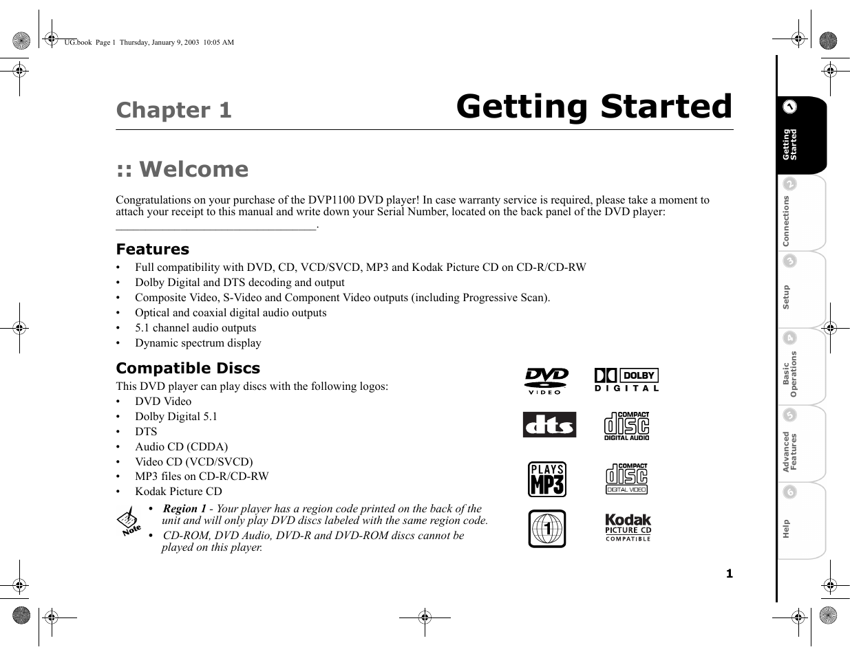 Chapter 1 getting started, Welcome, Features | Compatible discs, 1 - getting started, Getting started, Chapter 1 | GoVideo DVP1100 User Manual | Page 5 / 44