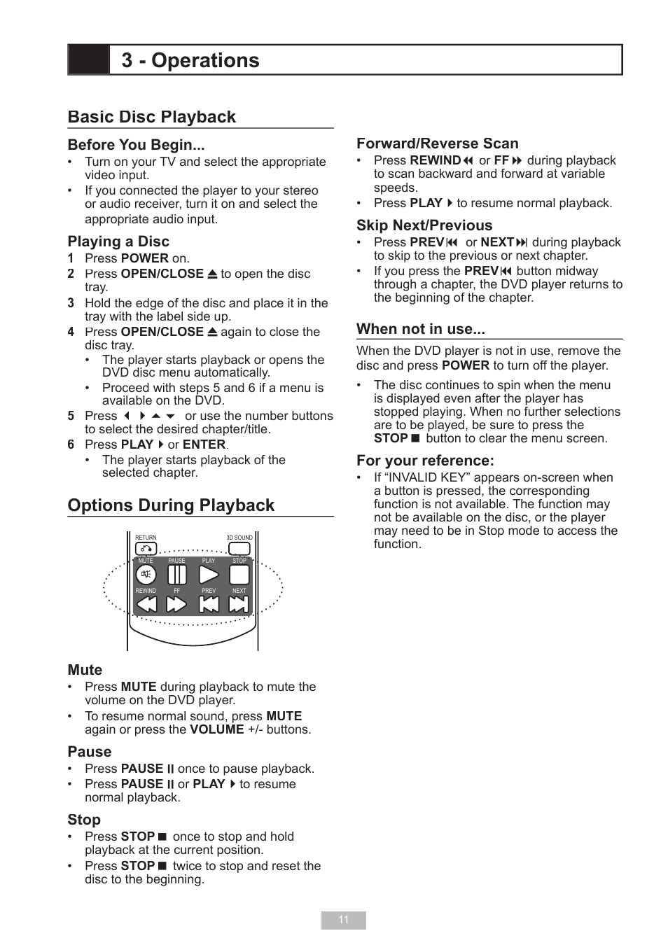 3 - operations, Basic disc playback, Options during playback | Before you begin, Playing a disc, Mute, Pause, Stop, Forward/reverse scan, Skip next/previous | GoVideo D640 User Manual | Page 11 / 26