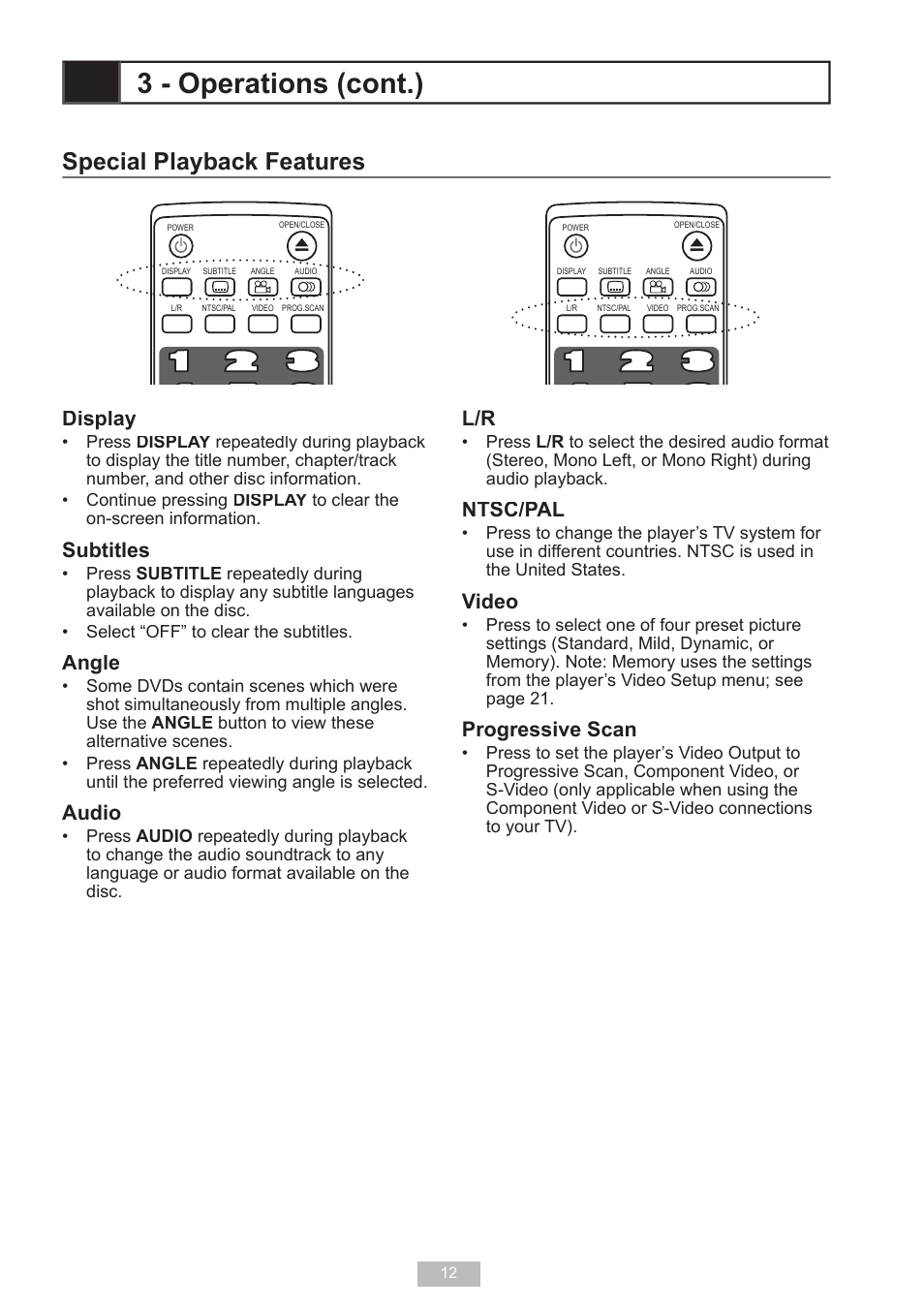 Special playback features, 3 - operations (cont.), Display | Subtitles, Angle, Audio, Ntsc/pal, Video, Progressive scan | GoVideo D640 User Manual | Page 12 / 26