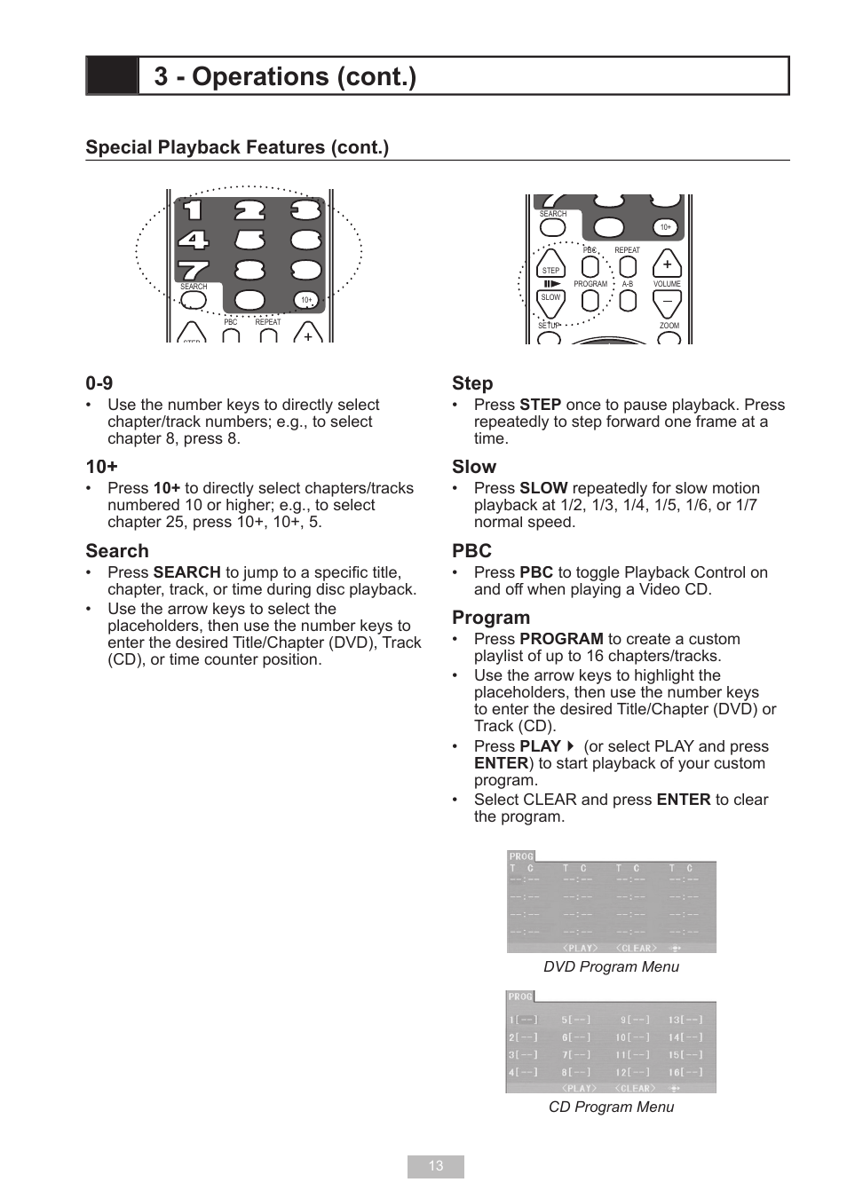3 - operations (cont.), Step, Slow | Program, Search, Special playback features (cont.) | GoVideo D640 User Manual | Page 13 / 26