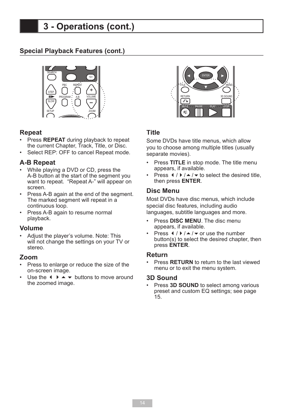 3 - operations (cont.), Repeat, A-b repeat | Volume, Zoom, Special playback features (cont.), Title, Disc menu, Return, 3d sound | GoVideo D640 User Manual | Page 14 / 26